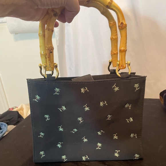 Tianni Handbags - Tianni Black Palm Trees Purse Embroidered Bamboo Handle Snap Closure Hand Bag